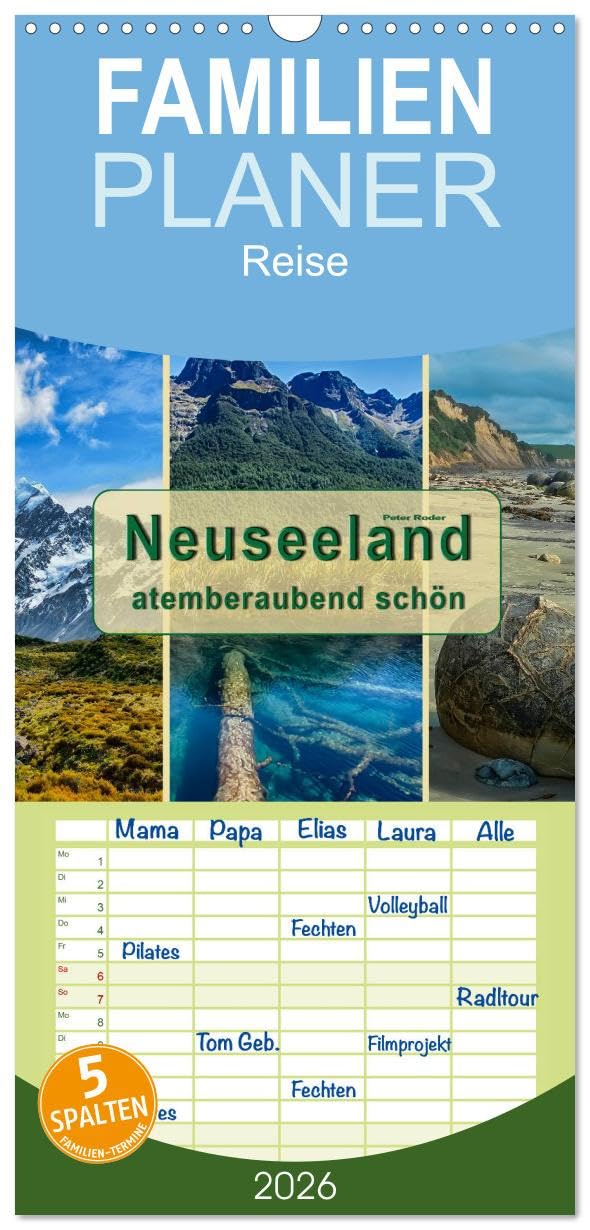 Familienplaner 2026 - Neuseeland - atemberaubend schön mit 5 Spalten (Wandkalender, 21 cm x 45 cm), CALVENDO Living & Furnishing