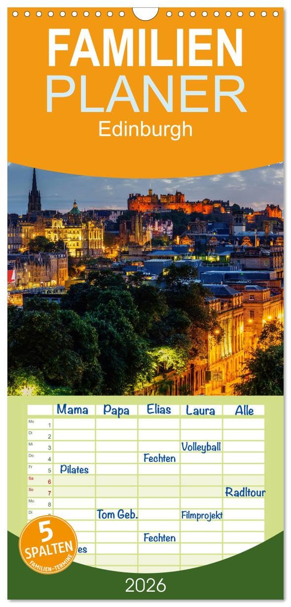 Familienplaner 2026 - Edinburgh - Impressionen aus der schottischen Hauptstadt mit 5 Spalten (Wandkalender, 21 cm x 45 cm), CALVENDO Leisure, Home & Garden