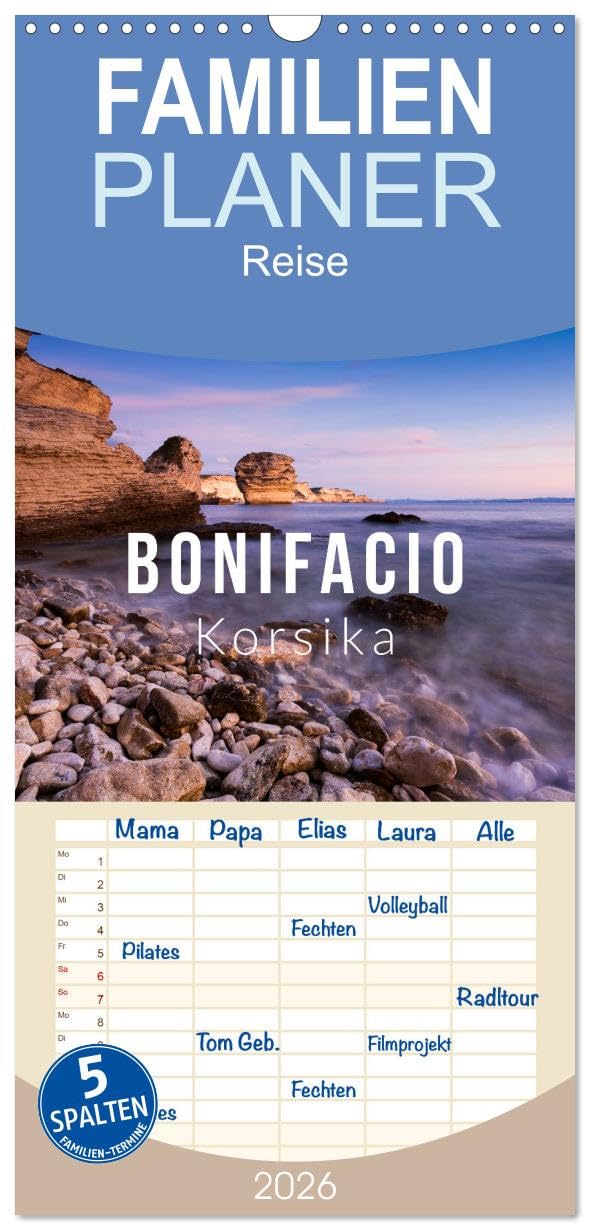 Familienplaner 2026 - Bonifacio. Korsika mit 5 Spalten (Wandkalender, 21 cm x 45 cm), CALVENDO Film, Art & Culture