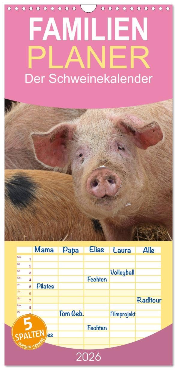 Familienplaner 2026 - Der Schweinekalender mit 5 Spalten (Wandkalender, 21 cm x 45 cm), CALVENDO Natural Sciences