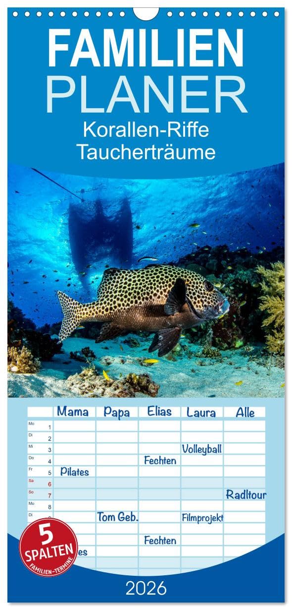 Familienplaner 2026 - Korallen-Riffe Taucherträume mit 5 Spalten (Wandkalender, 21 cm x 45 cm), CALVENDO Natural Sciences
