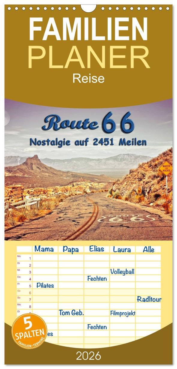 Familienplaner 2026 - Nostalgie auf 2451 Meilen - Route 66 mit 5 Spalten (Wandkalender, 21 cm x 45 cm), CALVENDO Living & Furnishing