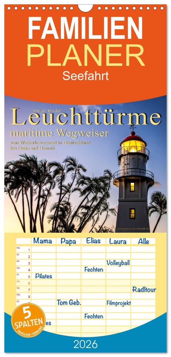 Familienplaner 2026 - Leuchttürme - maritime Wegweiser mit 5 Spalten (Wandkalender, 21 cm x 45 cm), CALVENDO Living & Furnishing