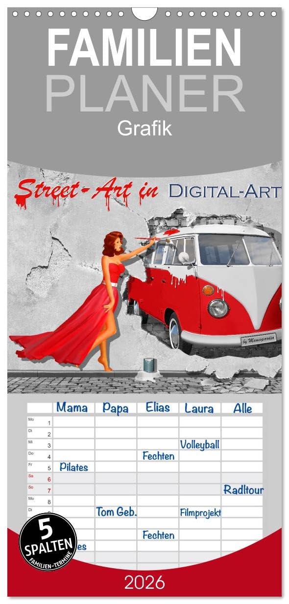 Familienplaner 2026 - Street-Art in Digital-Art by Mausopardia mit 5 Spalten (Wandkalender, 21 cm x 45 cm), CALVENDO Social Sciences