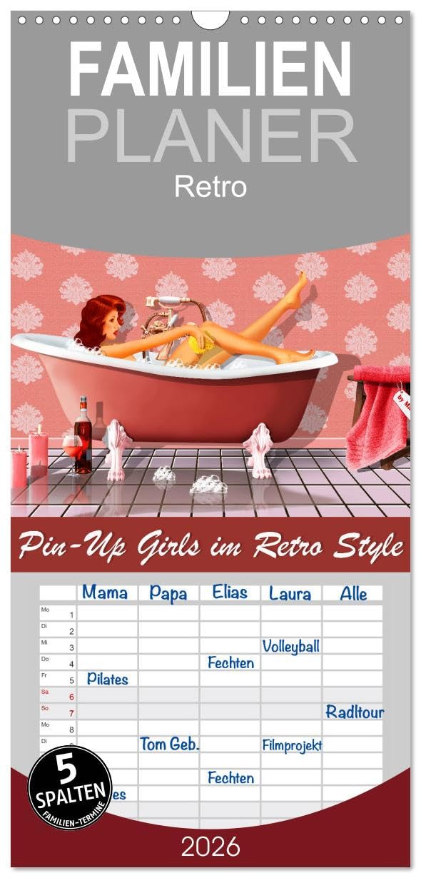 Familienplaner 2026 - Pin-Up Girls im Retro Style by Mausopardia mit 5 Spalten (Wandkalender, 21 cm x 45 cm), CALVENDO Social Sciences