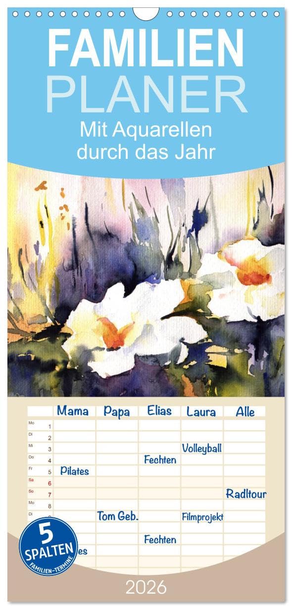 Familienplaner 2026 - Mit Aquarellen durch das Jahr mit 5 Spalten (Wandkalender, 21 cm x 45 cm), CALVENDO Leisure, Home & Garden