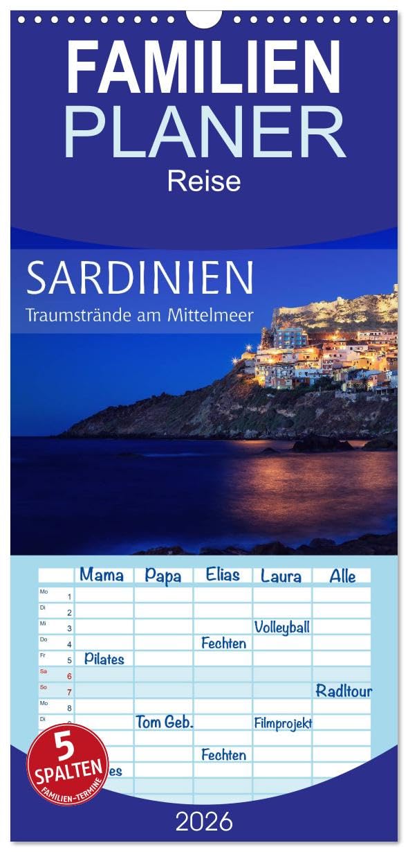 Familienplaner 2026 - Sardinien - Traumstrände am Mittelmeer mit 5 Spalten (Wandkalender, 21 cm x 45 cm), CALVENDO Leisure, Home & Garden