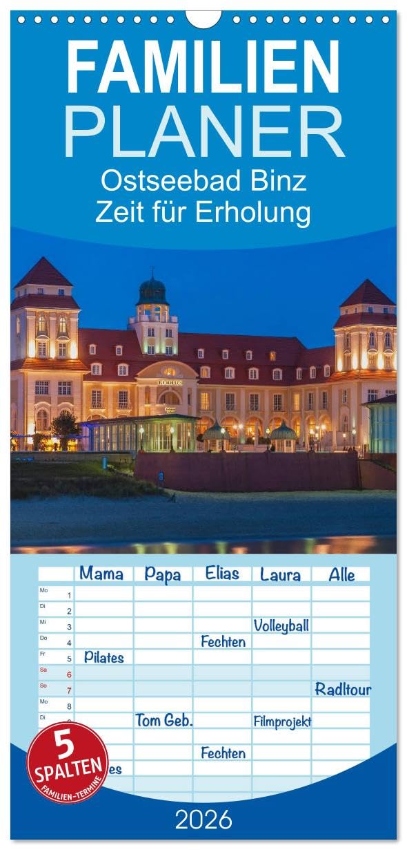 Familienplaner 2026 - Ostseebad Binz – Zeit für Erholung mit 5 Spalten (Wandkalender, 21 cm x 45 cm), CALVENDO Photography