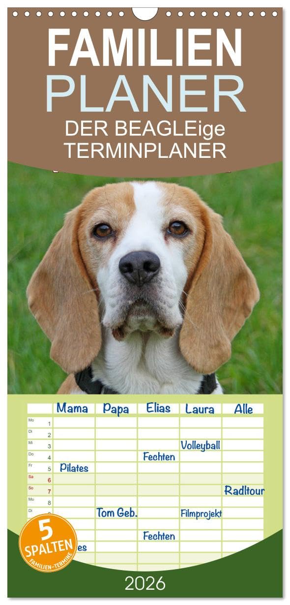 Familienplaner 2026 - DER BEAGLEige TERMINPLANER mit 5 Spalten (Wandkalender, 21 cm x 45 cm), CALVENDO Natural Sciences