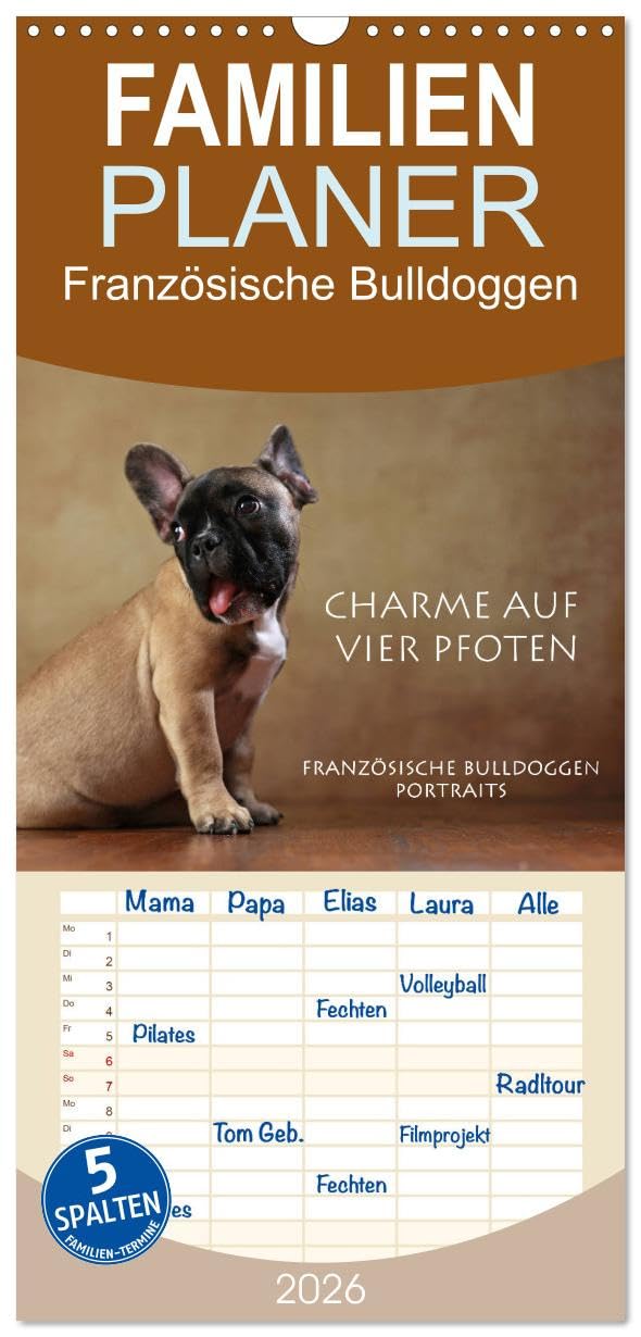 Familienplaner 2026 - Charme auf vier Pfoten - Französische Bulldoggen Portraits mit 5 Spalten (Wandkalender, 21 cm x 45 cm), CALVENDO Natural Sciences