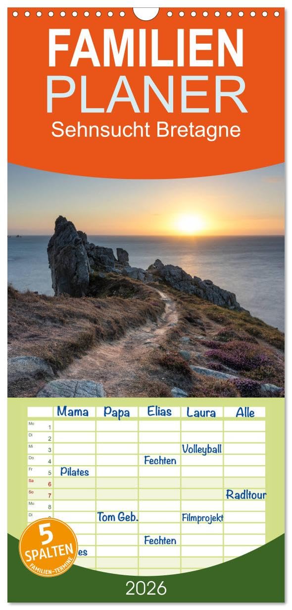 Familienplaner 2026 - Sehnsucht Bretagne mit 5 Spalten (Wandkalender, 21 cm x 45 cm), CALVENDO Leisure, Home & Garden