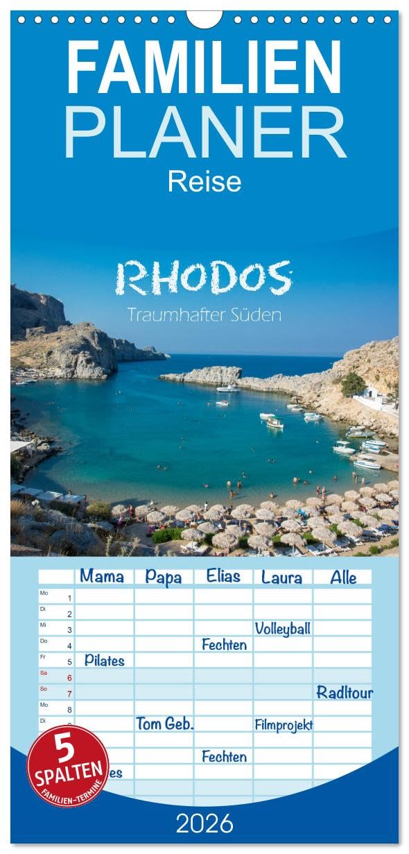 Familienplaner 2026 - Rhodos - Traumhafter Süden mit 5 Spalten (Wandkalender, 21 cm x 45 cm), CALVENDO Leisure, Home & Garden