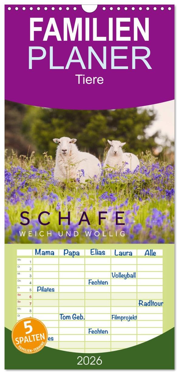 Familienplaner 2026 - Schafe - Weich und wollig mit 5 Spalten (Wandkalender, 21 cm x 45 cm), CALVENDO Natural Sciences