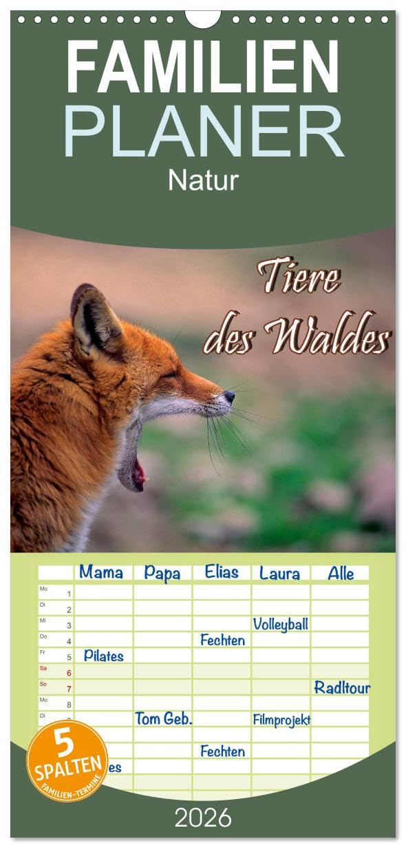 Familienplaner 2026 - Tiere des Waldes mit 5 Spalten (Wandkalender, 21 cm x 45 cm), CALVENDO Pets