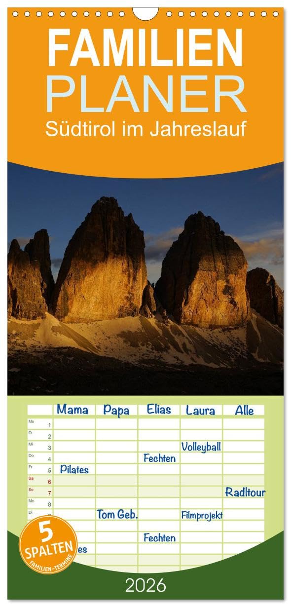 Familienplaner 2026 - Südtirol im Jahreslauf mit 5 Spalten (Wandkalender, 21 cm x 45 cm), CALVENDO Leisure, Home & Garden