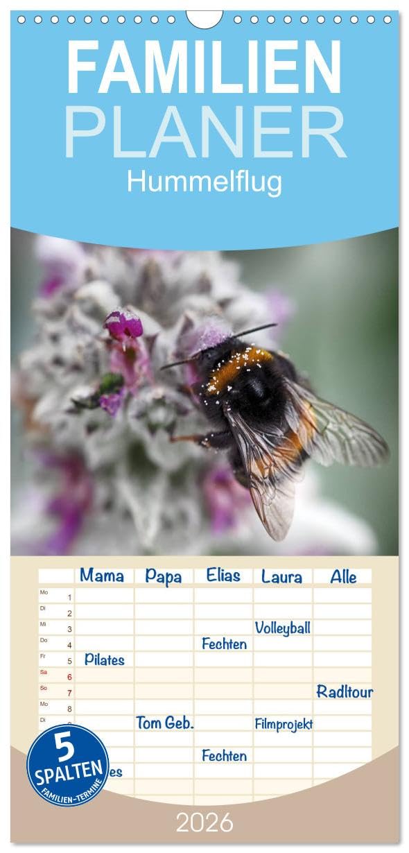 Familienplaner 2026 - Hummelflug mit 5 Spalten (Wandkalender, 21 cm x 45 cm), CALVENDO Natural Sciences