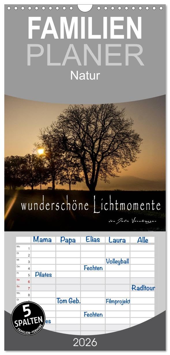 Familienplaner 2026 - wunderschöne Lichtmomente mit 5 Spalten (Wandkalender, 21 cm x 45 cm), CALVENDO Lifestyle
