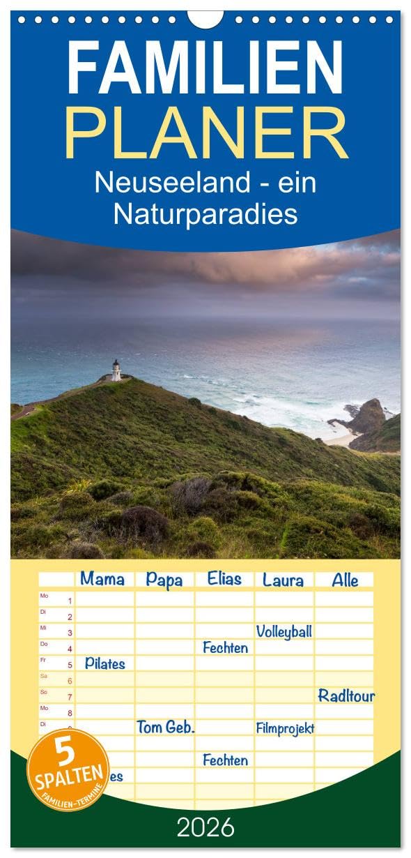 Familienplaner 2026 - Neuseeland - ein Naturparadies mit 5 Spalten (Wandkalender, 21 cm x 45 cm), CALVENDO Leisure, Home & Garden