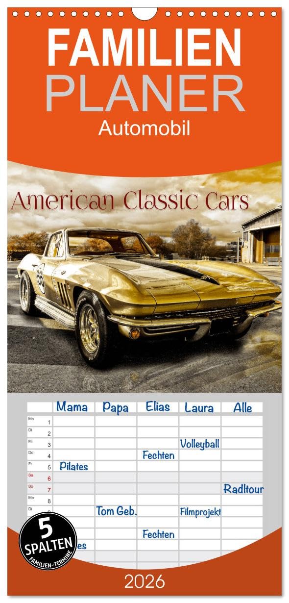 Familienplaner 2026 - American Classic Cars mit 5 Spalten (Wandkalender, 21 cm x 45 cm), CALVENDO Leisure, Home & Garden