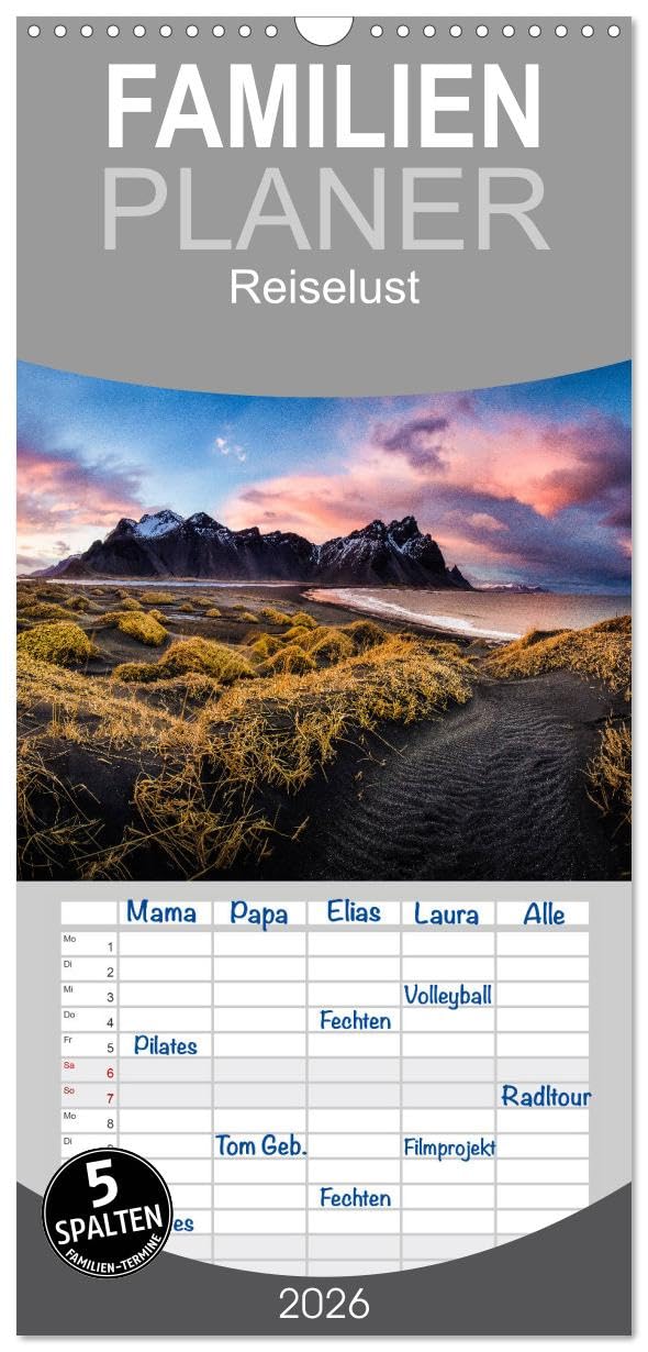 Familienplaner 2026 - Reiselust mit 5 Spalten (Wandkalender, 21 cm x 45 cm), CALVENDO Photography