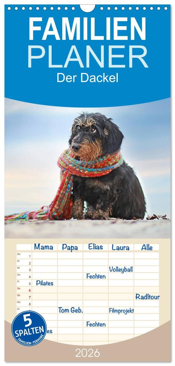 Familienplaner 2026 - Der Dackel mit 5 Spalten (Wandkalender, 21 cm x 45 cm), CALVENDO Lifestyle