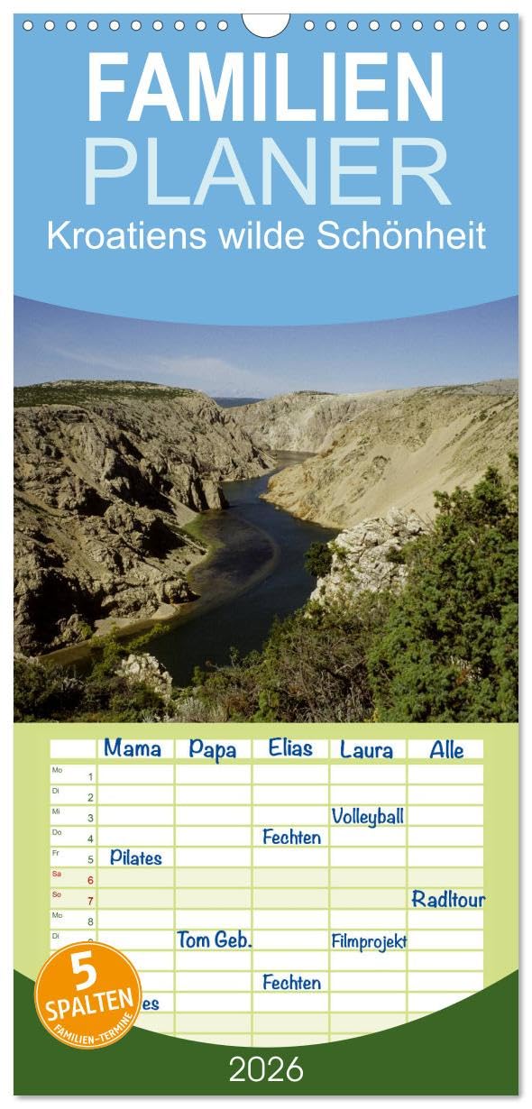Familienplaner 2026 - Kroatiens wilde Schönheit mit 5 Spalten (Wandkalender, 21 cm x 45 cm), CALVENDO Leisure, Home & Garden