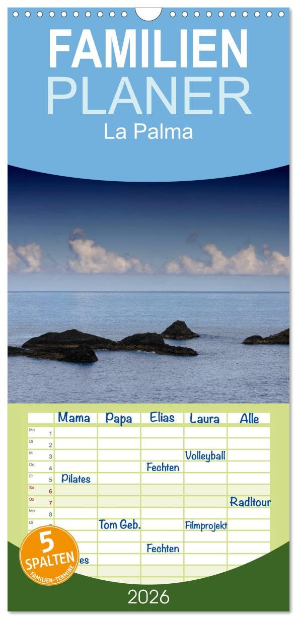 Familienplaner 2026 - La Palma mit 5 Spalten (Wandkalender, 21 cm x 45 cm), CALVENDO Leisure, Home & Garden