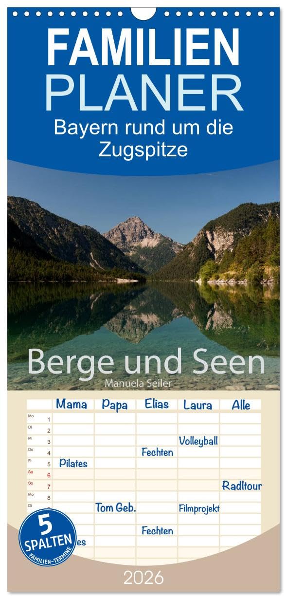 Familienplaner 2026 - Berge und Seen rund um die Zugspitze mit 5 Spalten (Wandkalender, 21 cm x 45 cm), CALVENDO Calendars