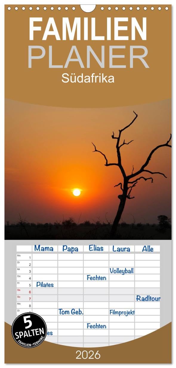 Familienplaner 2026 - Südafrika mit 5 Spalten (Wandkalender, 21 cm x 45 cm), CALVENDO Leisure, Home & Garden