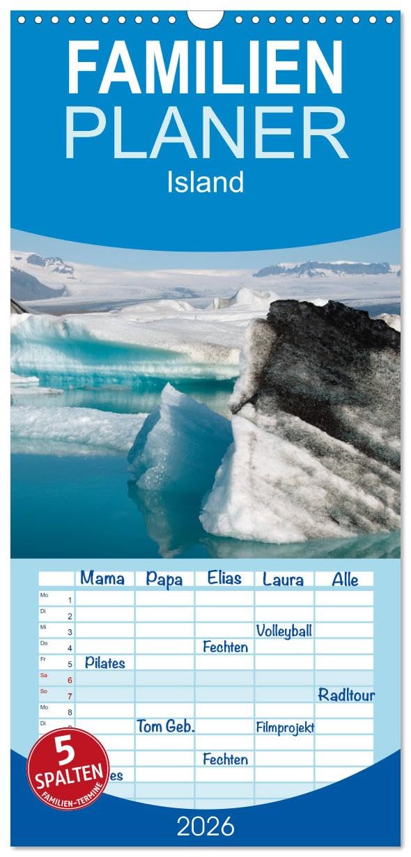 Familienplaner 2026 - Island mit 5 Spalten (Wandkalender, 21 cm x 45 cm), CALVENDO Leisure, Home & Garden