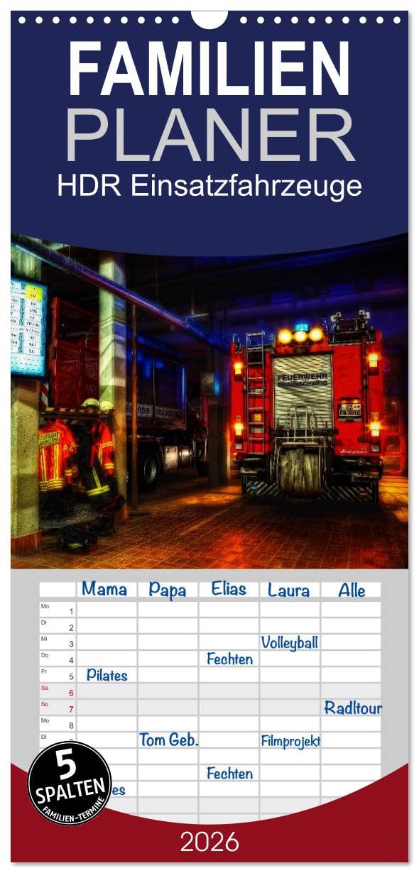 Familienplaner 2026 - HDR Einsatzfahrzeuge mit 5 Spalten (Wandkalender, 21 cm x 45 cm), CALVENDO Photography