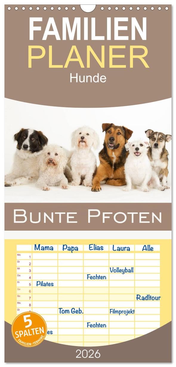 Familienplaner 2026 - Bunte Pfoten mit 5 Spalten (Wandkalender, 21 cm x 45 cm), CALVENDO Natural Sciences