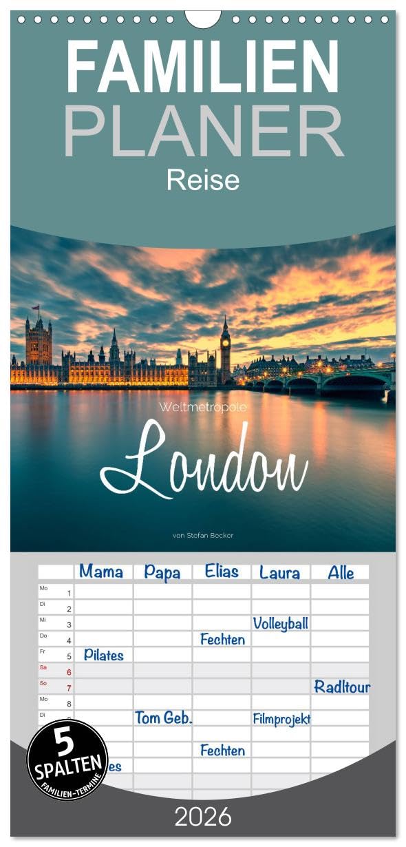 Familienplaner 2026 - Weltmetropole London mit 5 Spalten (Wandkalender, 21 cm x 45 cm), CALVENDO Film, Art & Culture