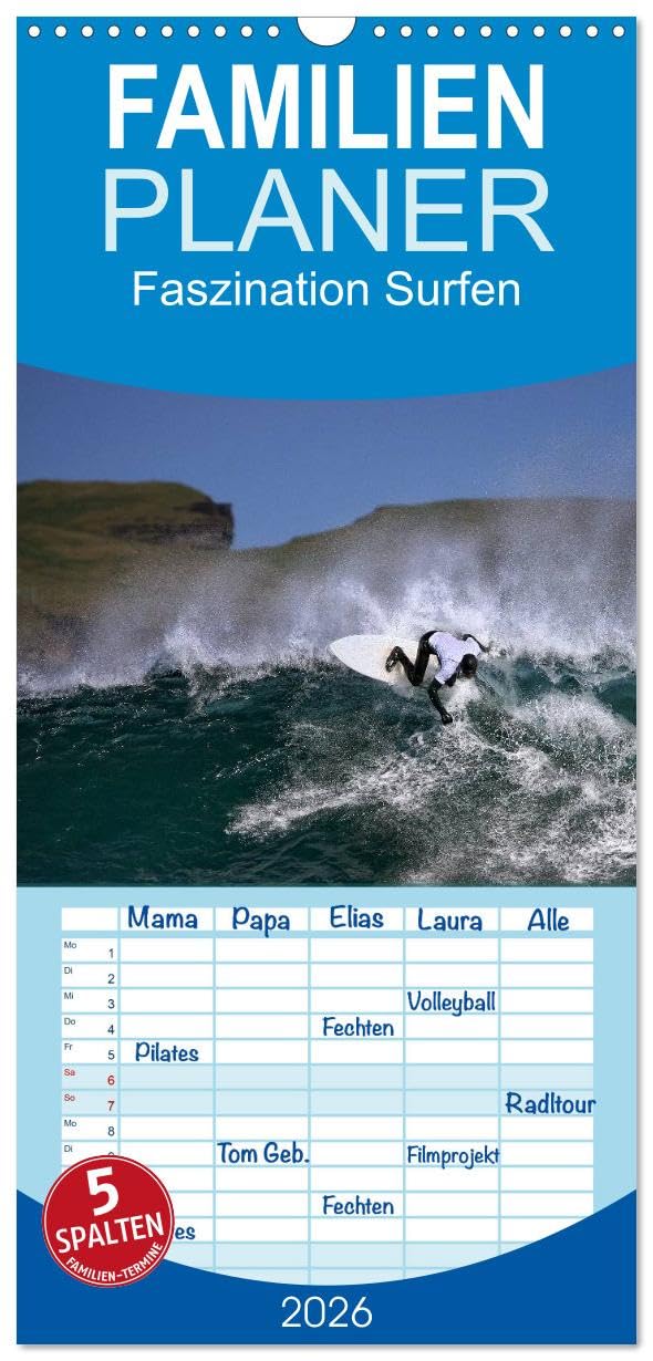 Familienplaner 2026 - Faszination Surfen mit 5 Spalten (Wandkalender, 21 cm x 45 cm), CALVENDO Leisure, Home & Garden