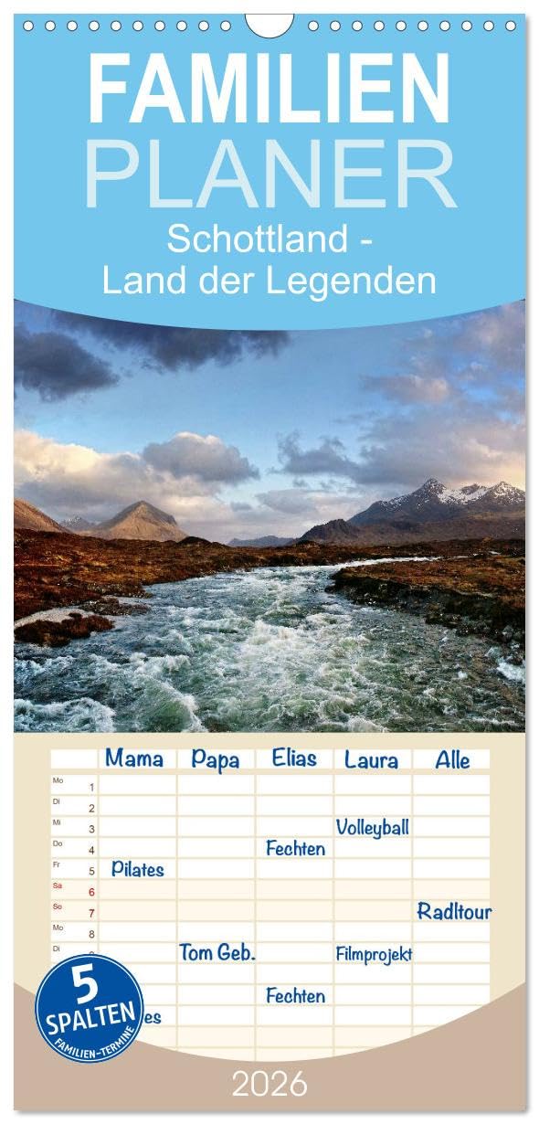 Familienplaner 2026 - Schottland - Land der Legenden mit 5 Spalten (Wandkalender, 21 cm x 45 cm), CALVENDO Leisure, Home & Garden