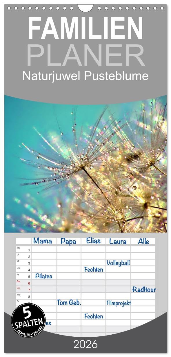 Familienplaner 2026 - Naturjuwel Pusteblume mit 5 Spalten (Wandkalender, 21 cm x 45 cm), CALVENDO Social Sciences