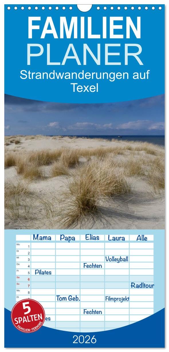 Familienplaner 2026 - Strandwanderungen auf Texel mit 5 Spalten (Wandkalender, 21 cm x 45 cm), CALVENDO Calendars