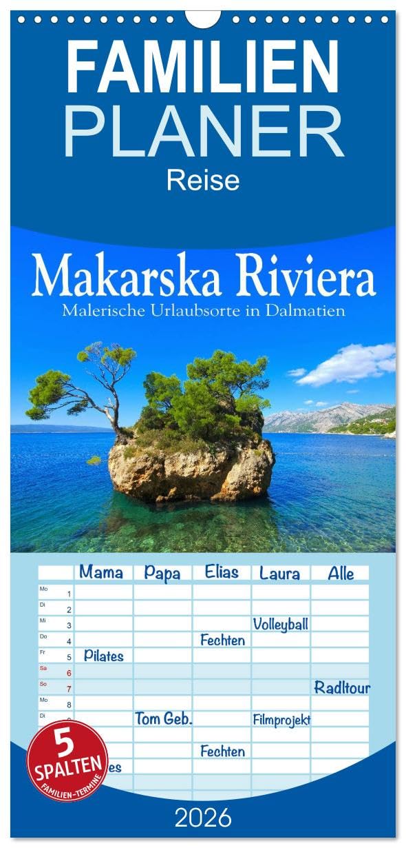 Familienplaner 2026 - Makarska Riviera - Malerische Urlaubsorte in Dalmatien mit 5 Spalten (Wandkalender, 21 cm x 45 cm), CALVENDO Leisure, Home & Garden