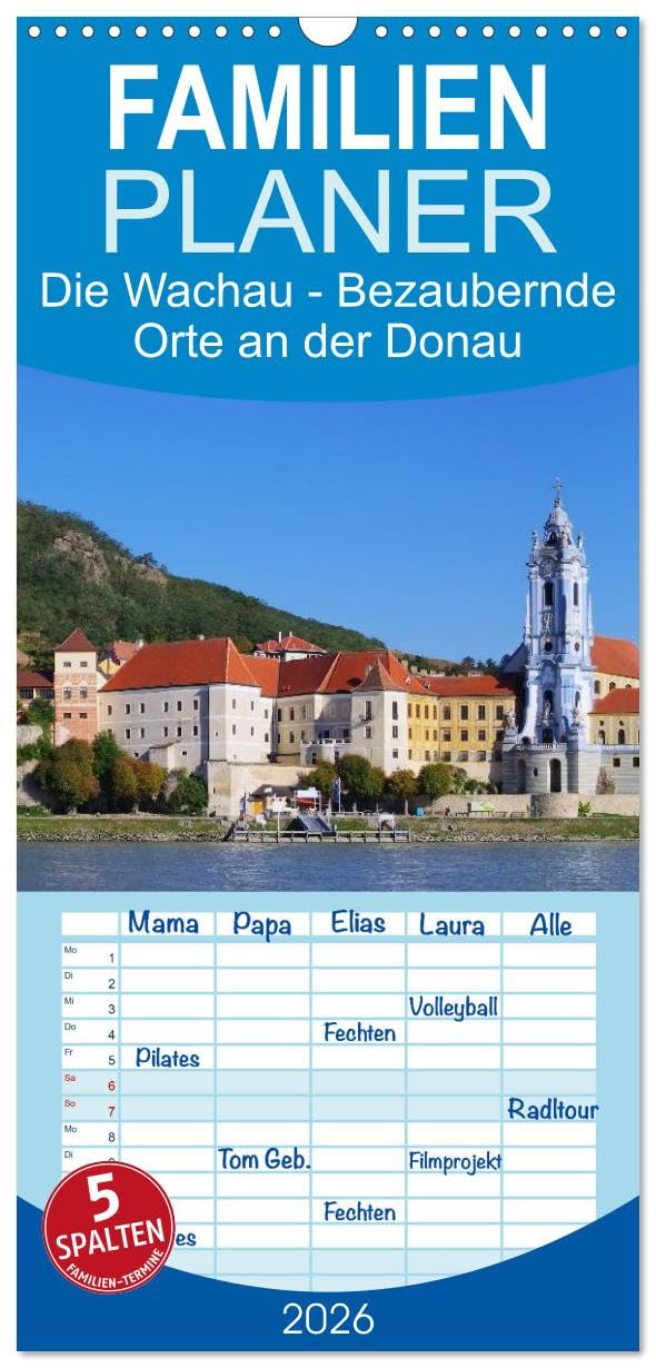 Familienplaner 2026 - Die Wachau - Bezaubernde Orte an der Donau mit 5 Spalten (Wandkalender, 21 cm x 45 cm), CALVENDO Leisure, Home & Garden