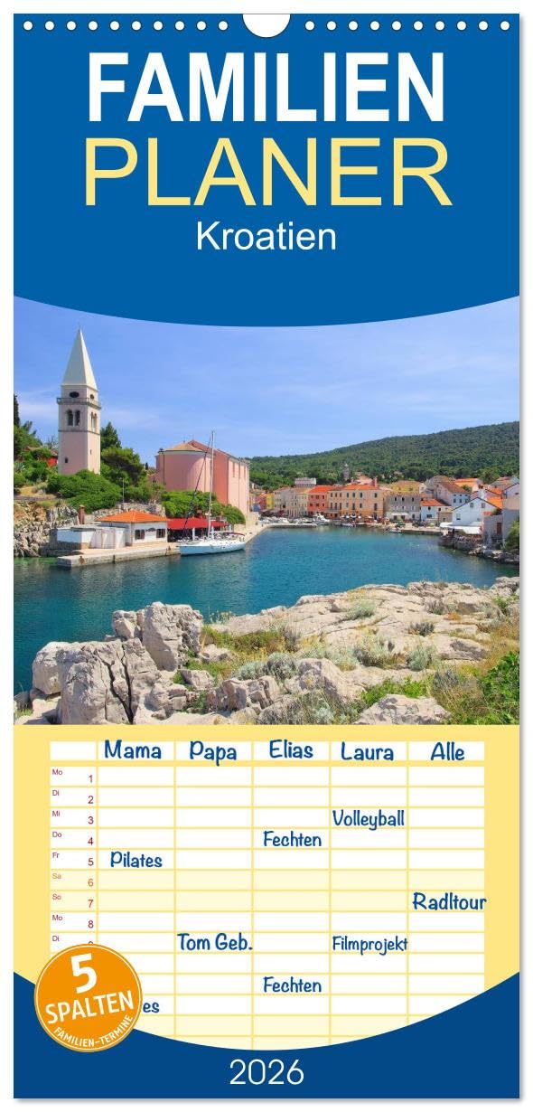 Familienplaner 2026 - Kroatien mit 5 Spalten (Wandkalender, 21 cm x 45 cm), CALVENDO Leisure, Home & Garden