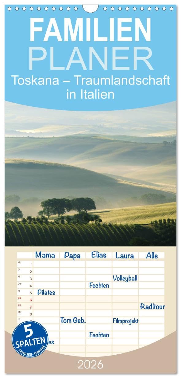 Familienplaner 2026 - Toskana – Traumlandschaft in Italien mit 5 Spalten (Wandkalender, 21 cm x 45 cm), CALVENDO Leisure, Home & Garden