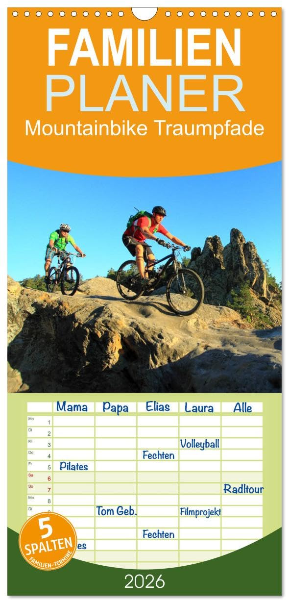 Familienplaner 2026 - Mountainbike Traumpfade mit 5 Spalten (Wandkalender, 21 cm x 45 cm), CALVENDO Leisure, Home & Garden