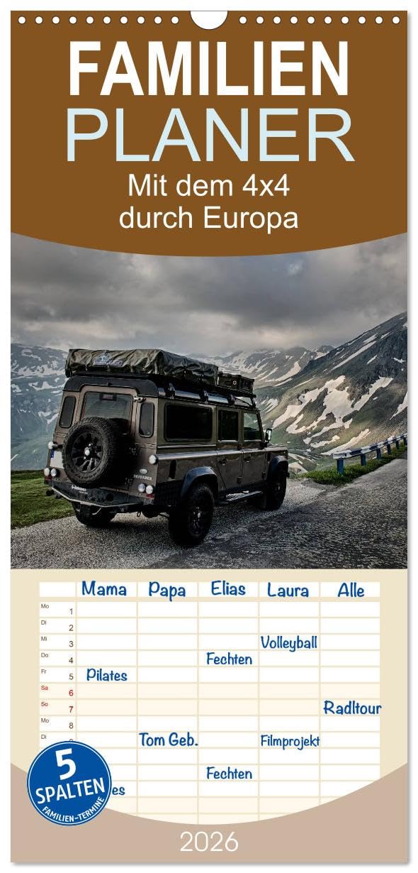 Familienplaner 2026 - Mit dem 4x4 durch Europa mit 5 Spalten (Wandkalender, 21 cm x 45 cm), CALVENDO Leisure, Home & Garden