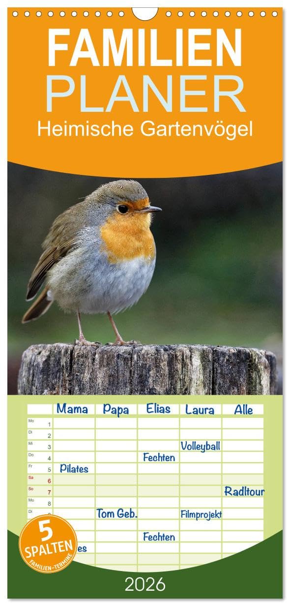 Familienplaner 2026 - Heimische Gartenvögel mit 5 Spalten (Wandkalender, 21 cm x 45 cm), CALVENDO Leisure, Home & Garden