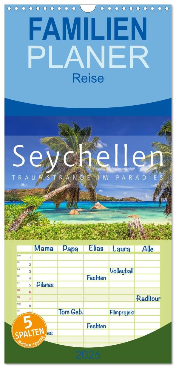 Familienplaner 2026 - Seychellen Traumstrände im Paradies mit 5 Spalten (Wandkalender, 21 cm x 45 cm), CALVENDO Leisure, Home & Garden