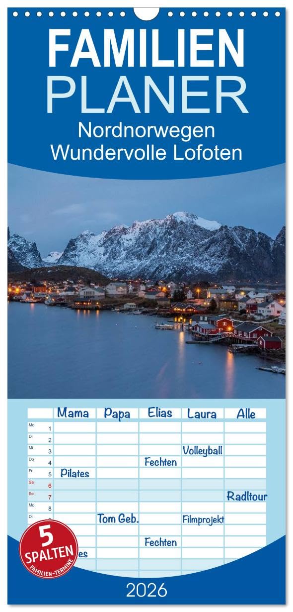 Familienplaner 2026 - Nordnorwegen - Wundervolle Lofoten mit 5 Spalten (Wandkalender, 21 cm x 45 cm), CALVENDO Film, Art & Culture