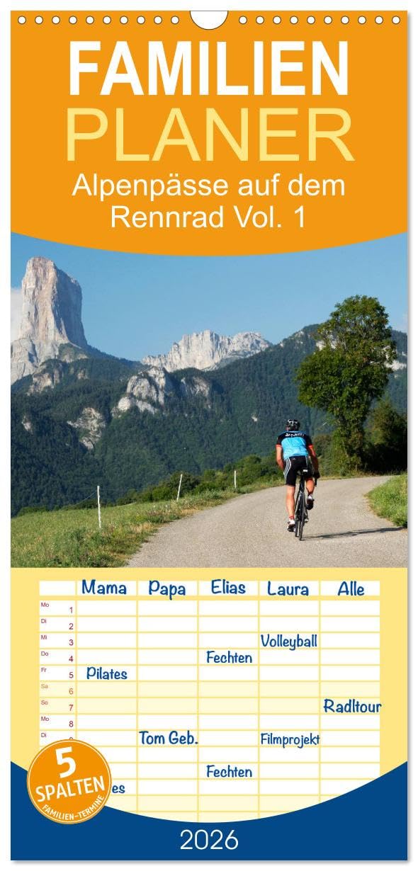 Familienplaner 2026 - Alpenpässe auf dem Rennrad Vol. 1 mit 5 Spalten (Wandkalender, 21 cm x 45 cm), CALVENDO Leisure, Home & Garden