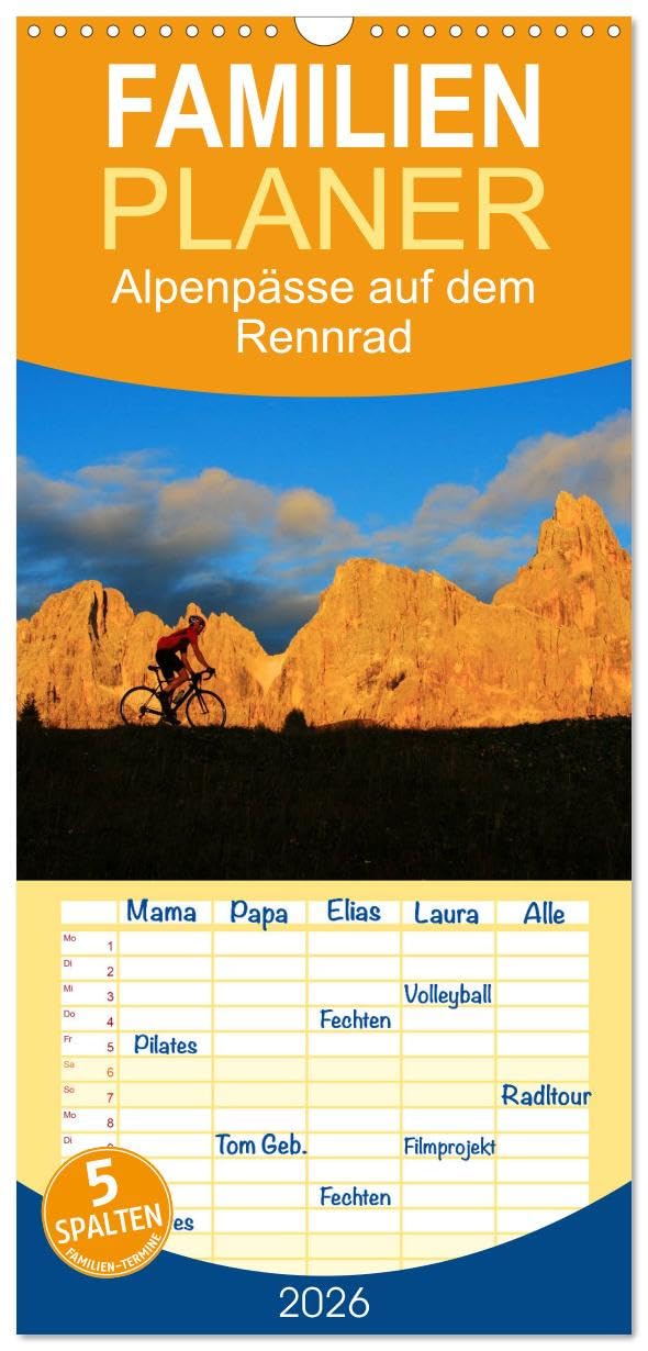 Familienplaner 2026 - Alpenpässe auf dem Rennrad "Himmlische Serpentinen" mit 5 Spalten (Wandkalender, 21 cm x 45 cm), CALVENDO Leisure, Home & Garden