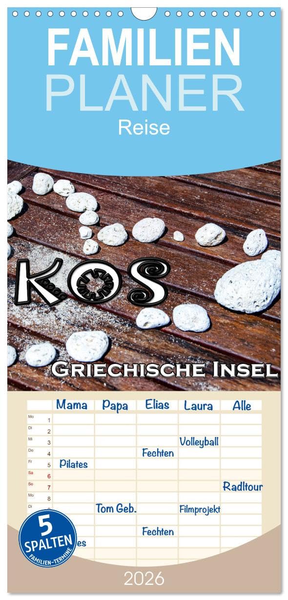 Familienplaner 2026 - Griechische Insel Kos mit 5 Spalten (Wandkalender, 21 cm x 45 cm), CALVENDO Leisure, Home & Garden
