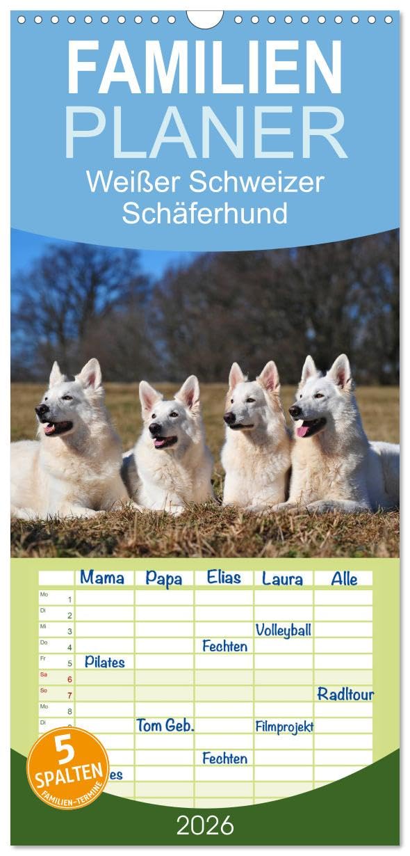 Familienplaner 2026 - Weißer Schweizer Schäferhund mit 5 Spalten (Wandkalender, 21 cm x 45 cm), CALVENDO Natural Sciences